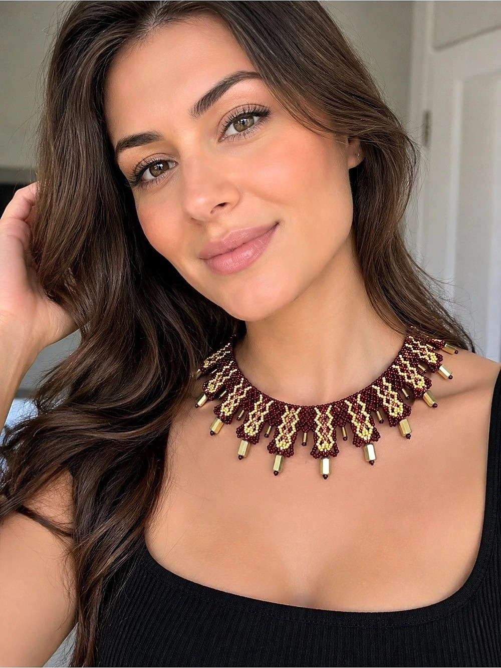 Handmade Burgundy Gold Beaded Necklace Statement Choker Holiday Party Jewelry